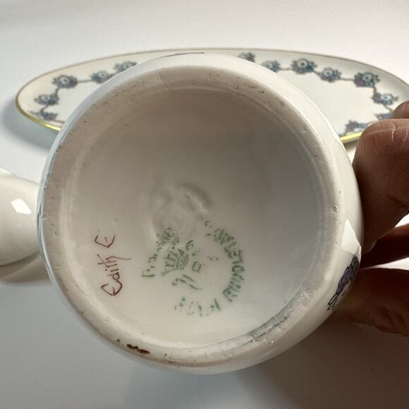 Vintage MZ Austria Dish & Creamer Set With Purple and Blue Hand Painted Flowers - Picture 10 of 10